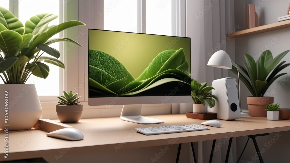 Modern home office desk with greenery, computer display, and natural light Modern home office desk with greenery, computer display, and natural light
