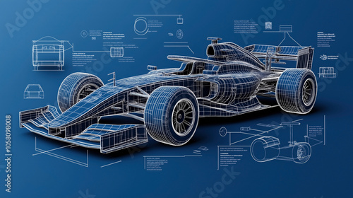 Technical blueprint of a Formula 1 race car with wireframe design and engineering schematics on a blue background.