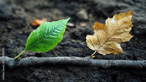 Green Leaf Emerging From Dead Branch, New Life, Growth, Rebirth, Nature, Spring, Hope, Contrast