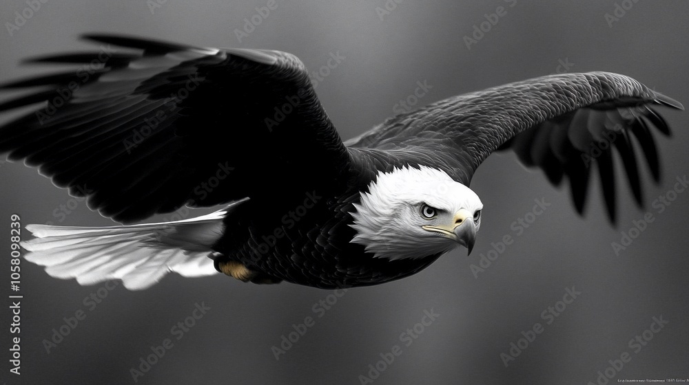 Obraz premium Bald eagle in flight with wings spread wide.