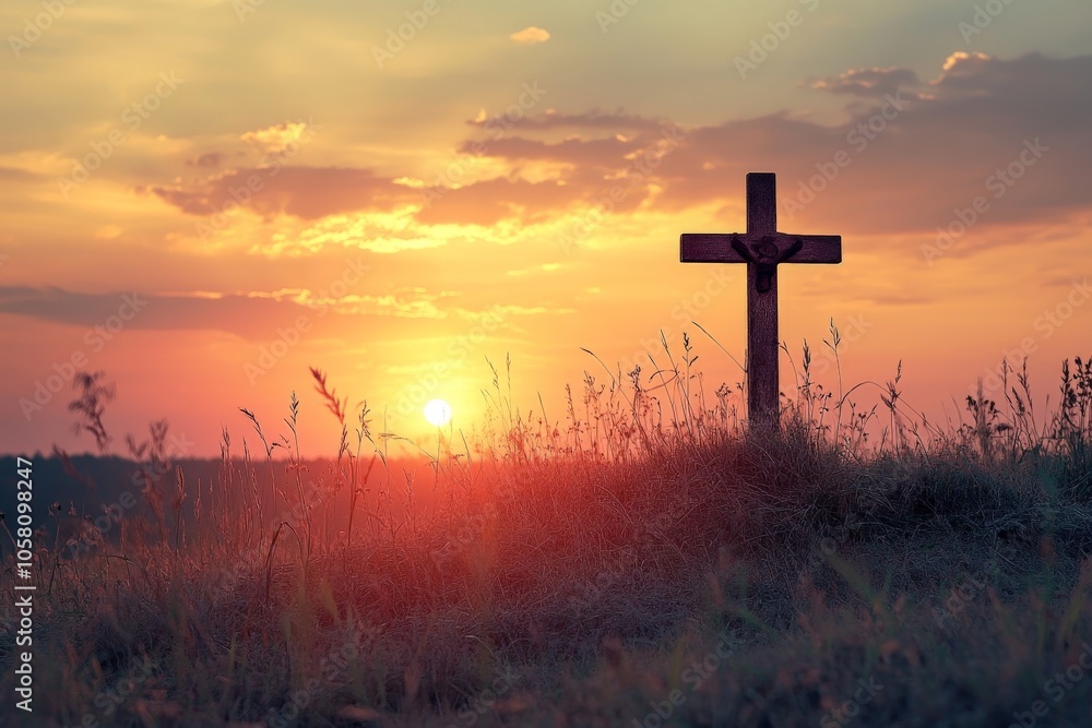Sunset behind cross on hill symbolizing faith reflection and eternal hope in a tranquil golden lit landscape perfect for spiritual themes Sunset behind cross on hill symbolizing faith reflection and eternal hope in a tranquil golden lit landscape perfect for spiritual themes