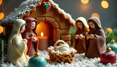 Christmas Nativity scene with gingerbread manger, marzipan baby Jesus, cookie, chocolate and truffle figures, sweet food textures, warm glowing bokeh lights on blurred background in festive ambiance. photo