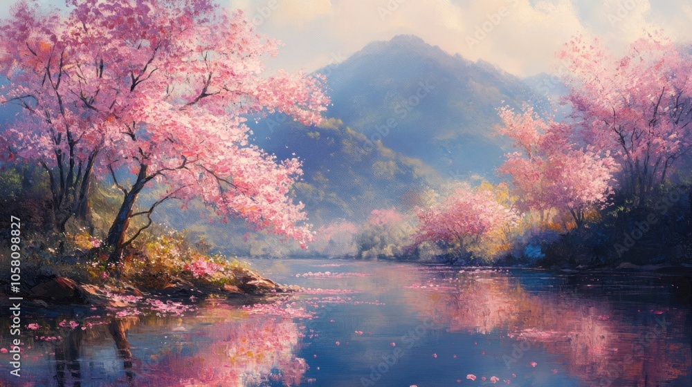Tranquil River Scene with Blossoming Trees Tranquil River Scene with Blossoming Trees