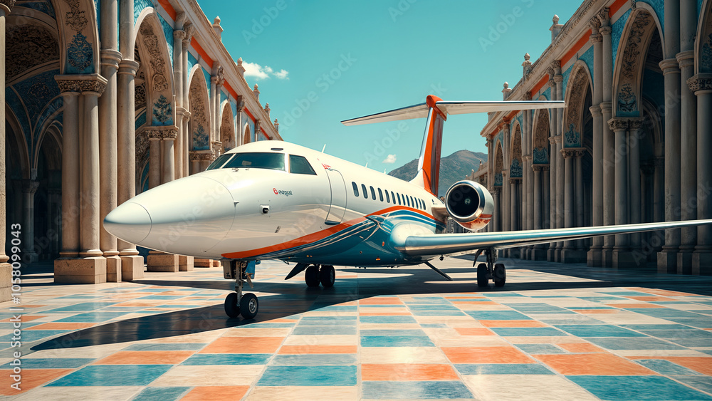 Intricately Designed: An Airplane Parked Next to a Stunning Tiled Area Full of Life Intricately Designed: An Airplane Parked Next to a Stunning Tiled Area Full of Life