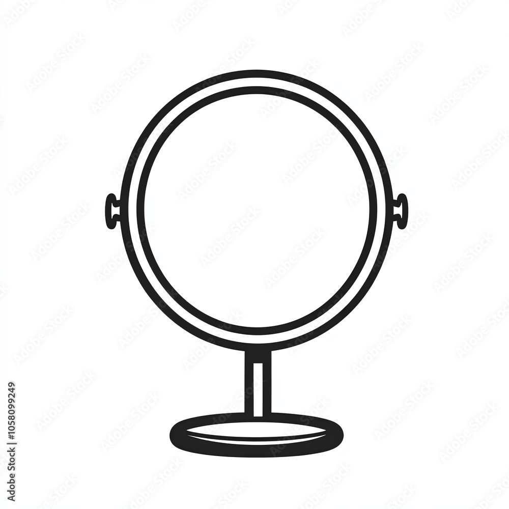 This illustration features a simple line drawing of a round illuminated mirror on a stand, emphasizing a clean and minimalistic aesthetic, icon This illustration features a simple line drawing of a round illuminated mirror on a stand, emphasizing a clean and minimalistic aesthetic, icon
