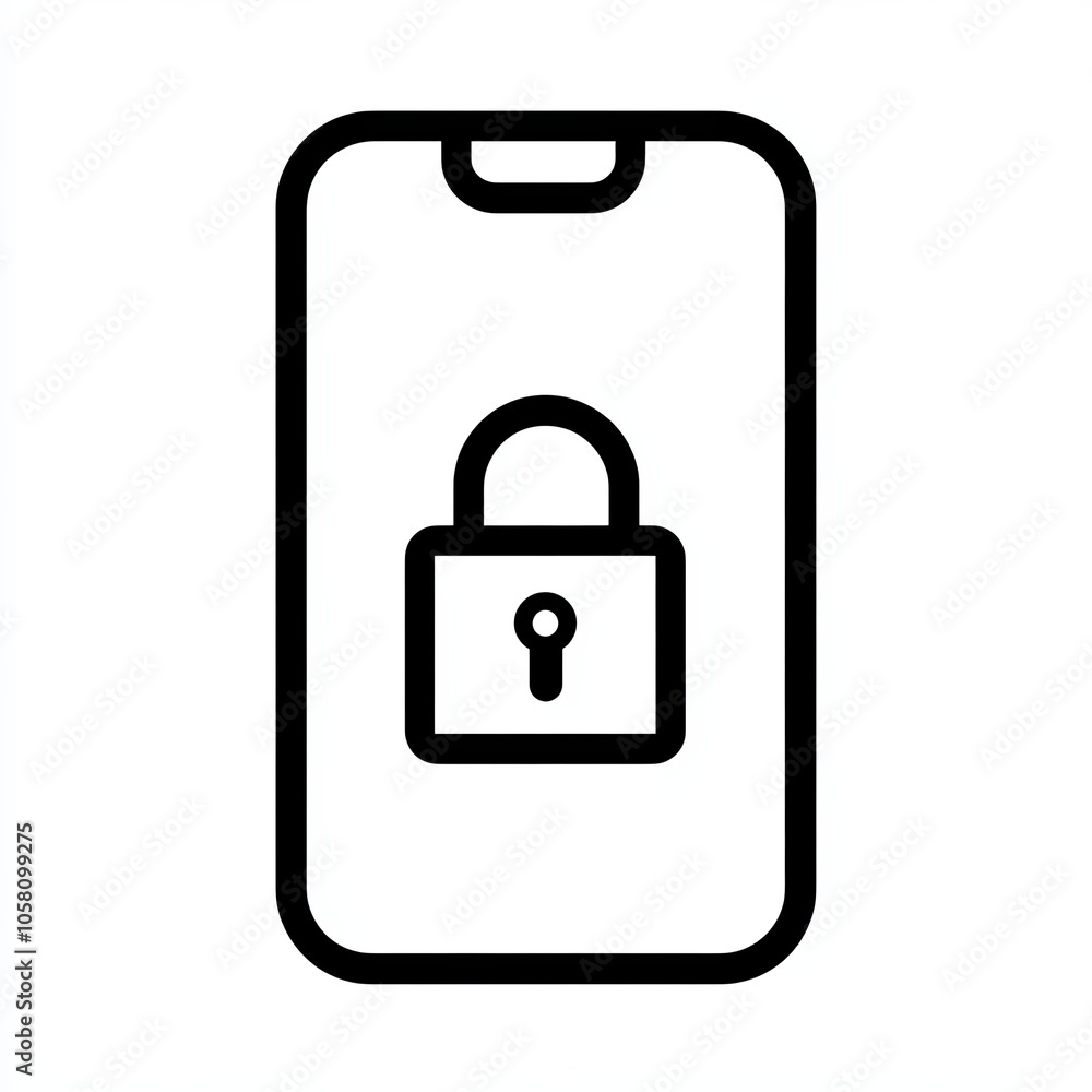 This represents mobile device security with a simplistic design showing a lock on a device screen, emphasizing the need for data protection, icon This represents mobile device security with a simplistic design showing a lock on a device screen, emphasizing the need for data protection, icon