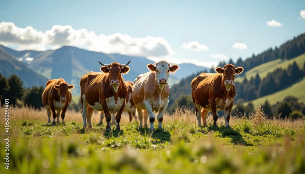 Peaceful pasture with grazing cows under a clear sky Peaceful pasture with grazing cows under a clear sky