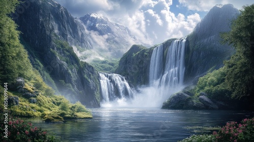 Majestic Waterfall in a Mountainous Landscape