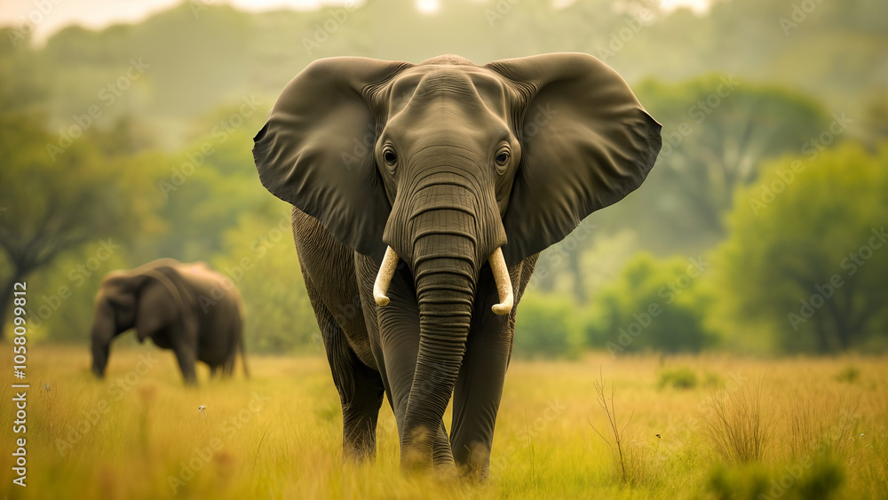 Fototapeta premium A Serene Representation of an Adult Elephant Majestically Coexisting in Its Natural Habitat, Highlighting Wildlife Grandeur