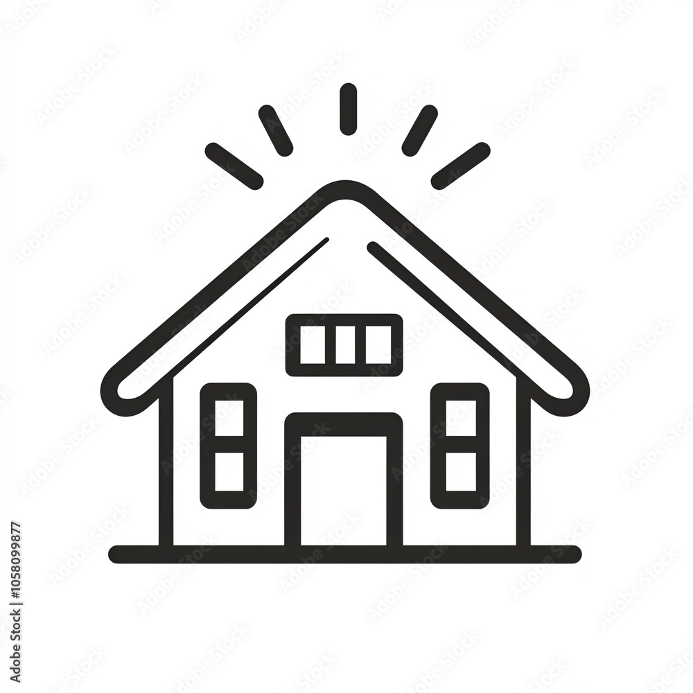 This design features a minimalist house with sun rays above, illustrating the concept of passive solar design in a clear and straightforward manner, icon This design features a minimalist house with sun rays above, illustrating the concept of passive solar design in a clear and straightforward manner, icon