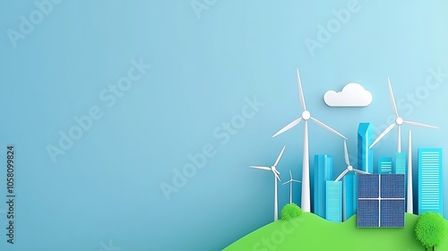 A vibrant illustration showcasing renewable energy with wind turbines and solar panels against a blue background, symbolizing sustainable technology and a clean future.