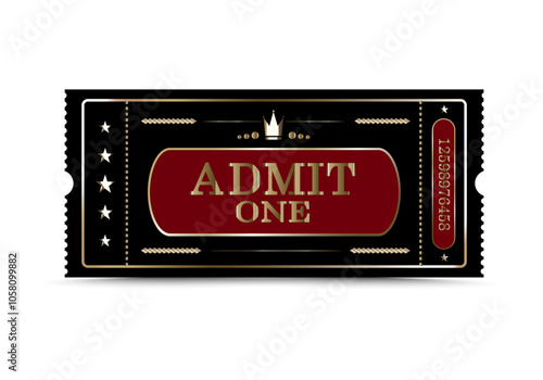 Black ticket with gilding and a golden crown. Premium class. Vector illustration for websites, apps, cinemas, clubs, social events and creative design.