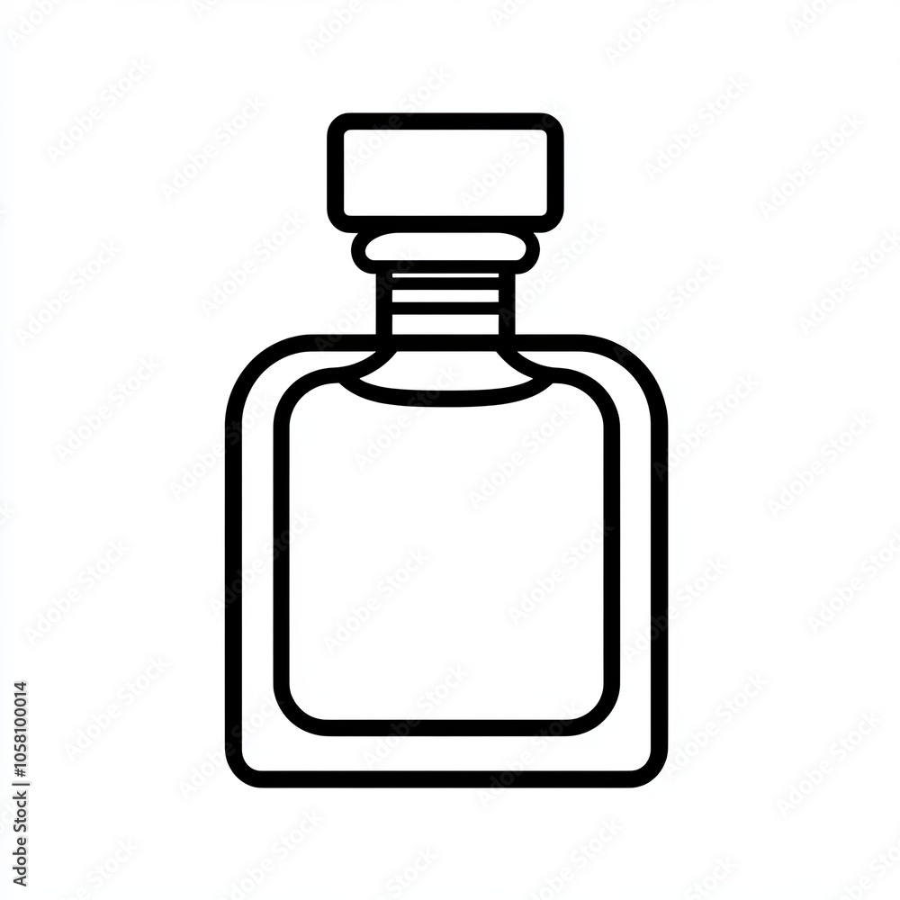 A simple line art design showcases a perfume bottle outlined in black against a clean white background, emphasizing its elegant and timeless shape, icon A simple line art design showcases a perfume bottle outlined in black against a clean white background, emphasizing its elegant and timeless shape, icon