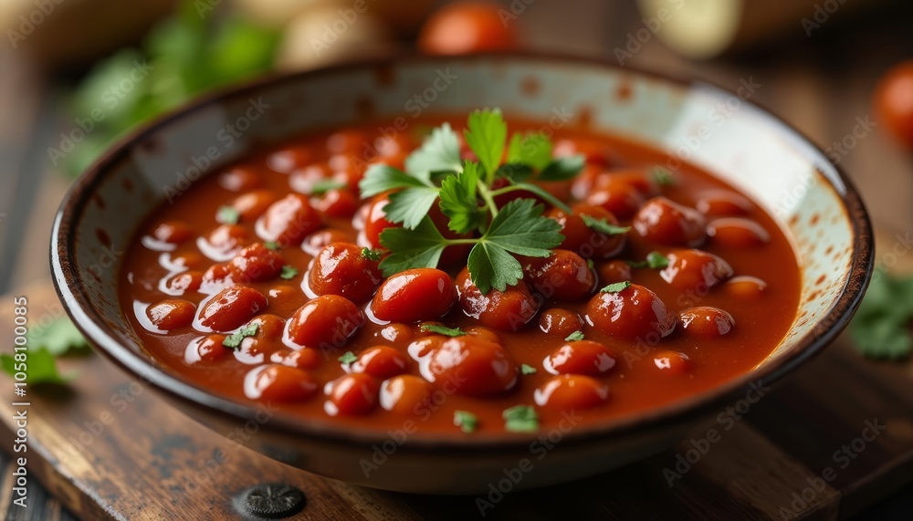 Delicious tomato soup with fresh herbs ready to be savored Delicious tomato soup with fresh herbs ready to be savored