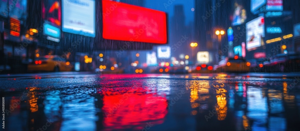 A blurry reflection of city lights in a puddle of water on a wet street. A blurry reflection of city lights in a puddle of water on a wet street.