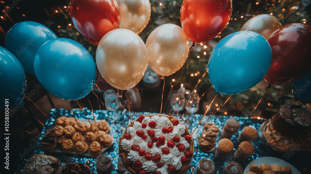 a dessert table decorated with red, white, and blue balloons for a celebration, such as a birthday or new year's party after work