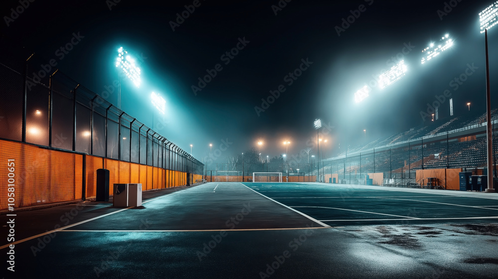 Illuminated empty sports stadium at night with bright floodlights and a misty atmosphere, featuring a fenced perimeter and seating area, highlighting the ambiance of an urban sports facility. Illuminated empty sports stadium at night with bright floodlights and a misty atmosphere, featuring a fenced perimeter and seating area, highlighting the ambiance of an urban sports facility.
