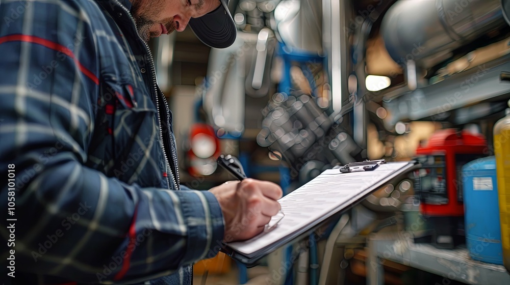 Auto Check Concept in a Car Service Shop, Featuring a Mechanic Writing a Job Checklist While Inspecting the Engine Auto Check Concept in a Car Service Shop, Featuring a Mechanic Writing a Job Checklist While Inspecting the Engine