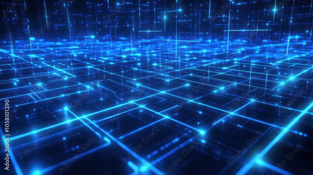 Abstract Digital Network - Futuristic Blue Grid with Glowing Lines and Nodes - Technology Background Abstract Digital Network - Futuristic Blue Grid with Glowing Lines and Nodes - Technology Background