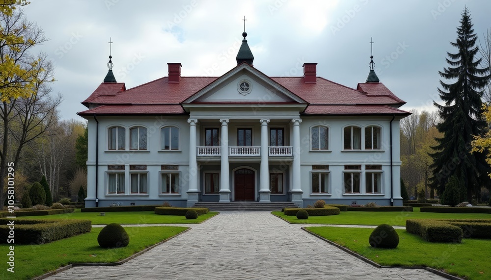 Elegant mansion with manicured lawn and garden Elegant mansion with manicured lawn and garden