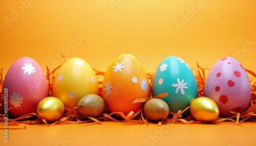  Colorful Easter eggs with gold accents ready for the hunt photo