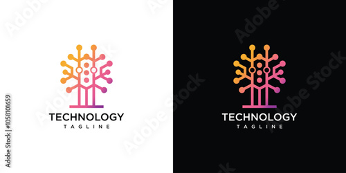 Tree technology logo design illustration. tree technology digital logo concept nature connection