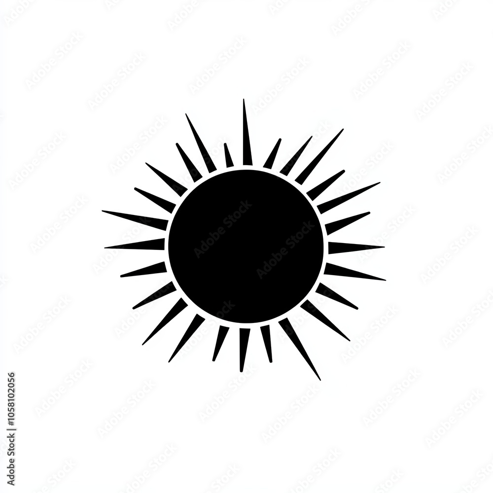 This design features a black sun with radiating spikes symbolizing a solar flare, set against a clean white background, icon This design features a black sun with radiating spikes symbolizing a solar flare, set against a clean white background, icon