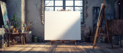 Empty Canvas on Easel in Artist Studio with Natural Light - Mockup for Artwork, Painting, or Design