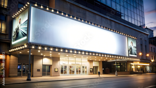 Illuminated movie theater exterior with a blank billboard at dusk 