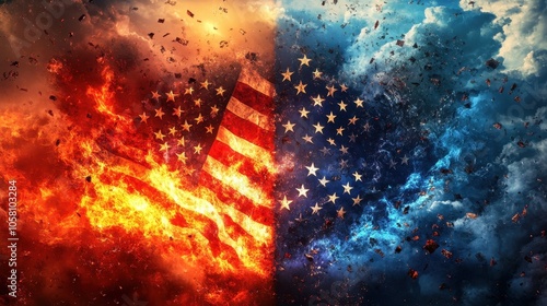 American Flag Burning in Fire and Ice, Divided Nation Concept.
