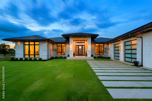 Wallpaper Mural Modern Luxury House Exterior: A serene and stylish house with a large lawn and a paved walkway. Torontodigital.ca