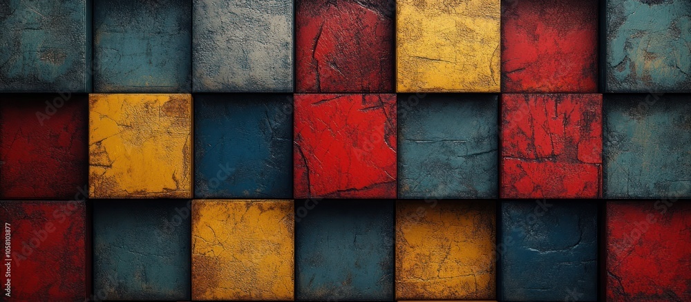 A checkered pattern of red, blue, and yellow textured squares. A checkered pattern of red, blue, and yellow textured squares.