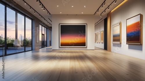 Modern Art Gallery Interior with Wooden Floor and City Skyline View.