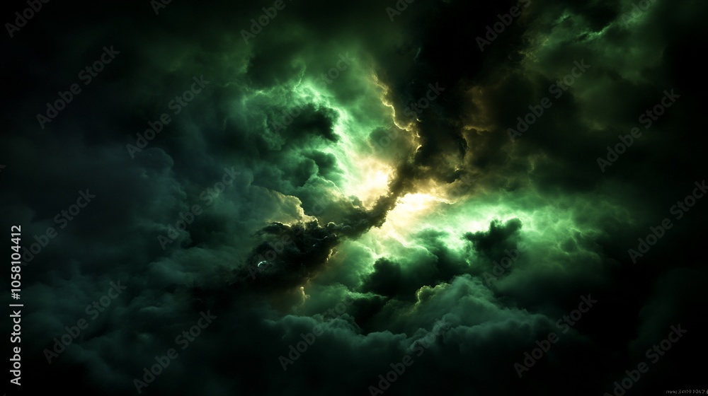 Obraz premium A swirling mass of dark clouds with a green glow.