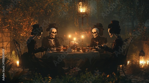 Skeletal Tea Party in a Mystical Garden