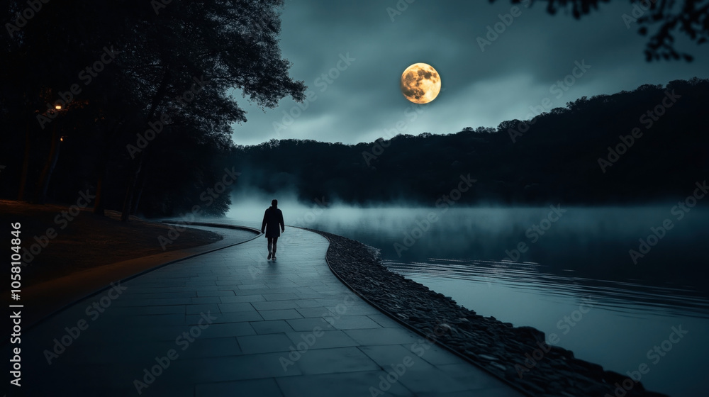 Φωτογραφία Silhouette of a person walking along a pathway by a calm lake at night, with a bright full moon in a cloudy sky