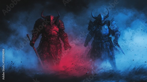 Two Silhouettes of Knights in Red and Blue Smoke - Fantasy Game Characters, Medieval Warfare Concept.
