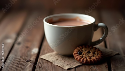  Cozy moment Warm beverage and cookie on a rustic table