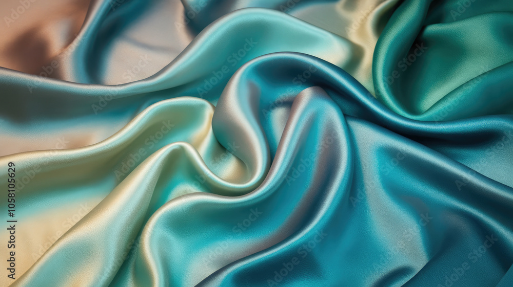 Fototapeta premium A close-up view of luxurious, flowing satin fabric in shades of teal and aqua, creating an elegant and smooth texture that exudes sophistication and style.
