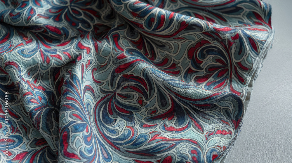 A close-up view of vibrant, intricately patterned fabric showcasing swirls of blue, red, and silver tones, creating an elegant and luxurious appearance. A close-up view of vibrant, intricately patterned fabric showcasing swirls of blue, red, and silver tones, creating an elegant and luxurious appearance.