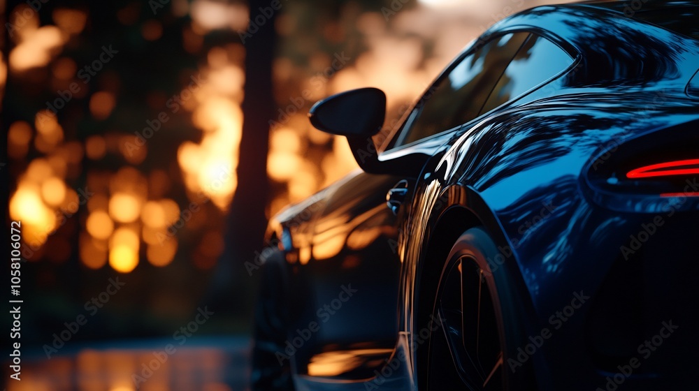 A black sports car parked in a forest at sunset. A black sports car parked in a forest at sunset.