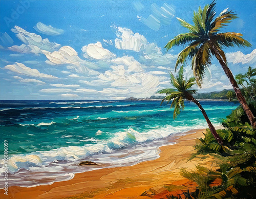 Paradise Island Coastline with Blue Ocean and Palm Trees