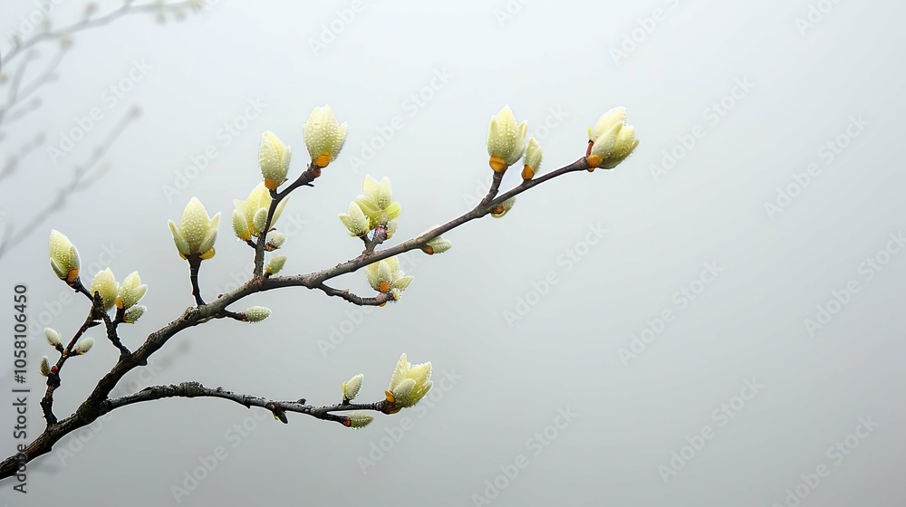 Budding Branches in Fog, Minimalist Composition Symbolizing Peaceful Solitude in Nature Budding Branches in Fog, Minimalist Composition Symbolizing Peaceful Solitude in Nature