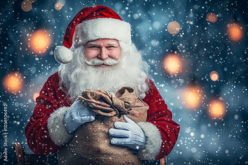 Santa Claus in a classic red suit holding a burlap sack and surrounded by snow radiating holiday joy and nostalgia in a festive winter setting with snowfall Santa Claus in a classic red suit holding a burlap sack and surrounded by snow radiating holiday joy and nostalgia in a festive winter setting with snowfall