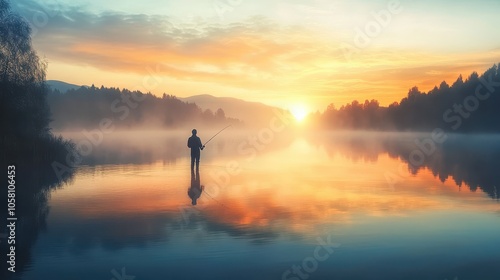 Silhouette of a Fisherman Casting a Line on a Calm Lake at Sunrise with Fog