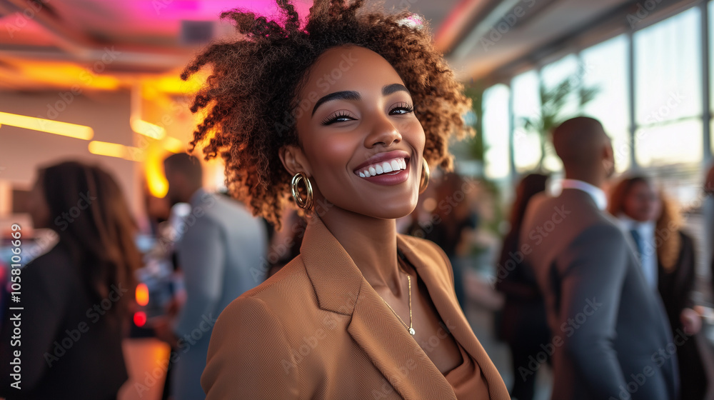 a brunette woman with curly hair, dressed in an elegant brown suit, celebrating happiness in a coworking office setting with colleagues on the eve of the new year after office