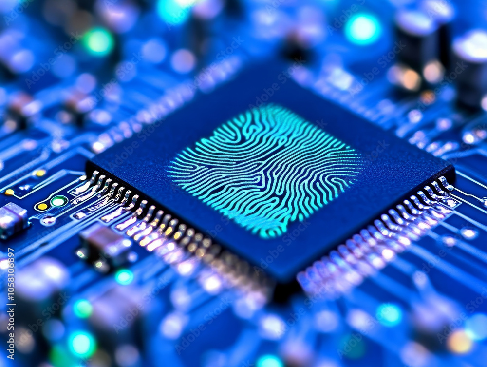 Close up of microchip featuring bright fingerprint design, showcasing intricate circuitry and vibrant colors. This highlights technology and innovation Close up of microchip featuring bright fingerprint design, showcasing intricate circuitry and vibrant colors. This highlights technology and innovation