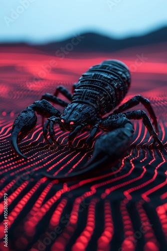 A striking close-up of a scorpion poised on a vivid red patterned background. This artistic representation highlights the creature's intricate details and menacing presence. photo