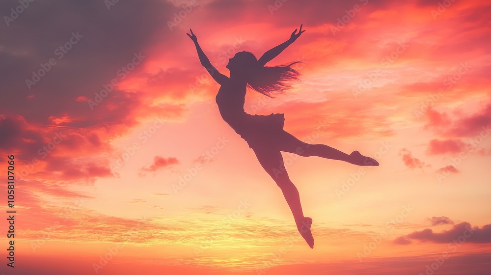 Silhouette of Woman Dancing at Sunset with Dramatic Clouds Silhouette of Woman Dancing at Sunset with Dramatic Clouds