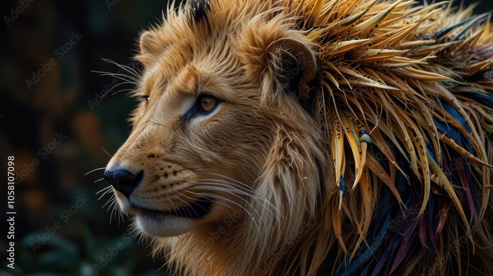 Naklejka premium a lion, its golden mane flowing in the wind. The lion's sharp eyes and strong body convey a sense of power and authority, highlighting its intricate details and creating a sense of depth and texture.